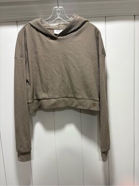 YoungLA Taupe Cropped Hooded Rib Knit Top
